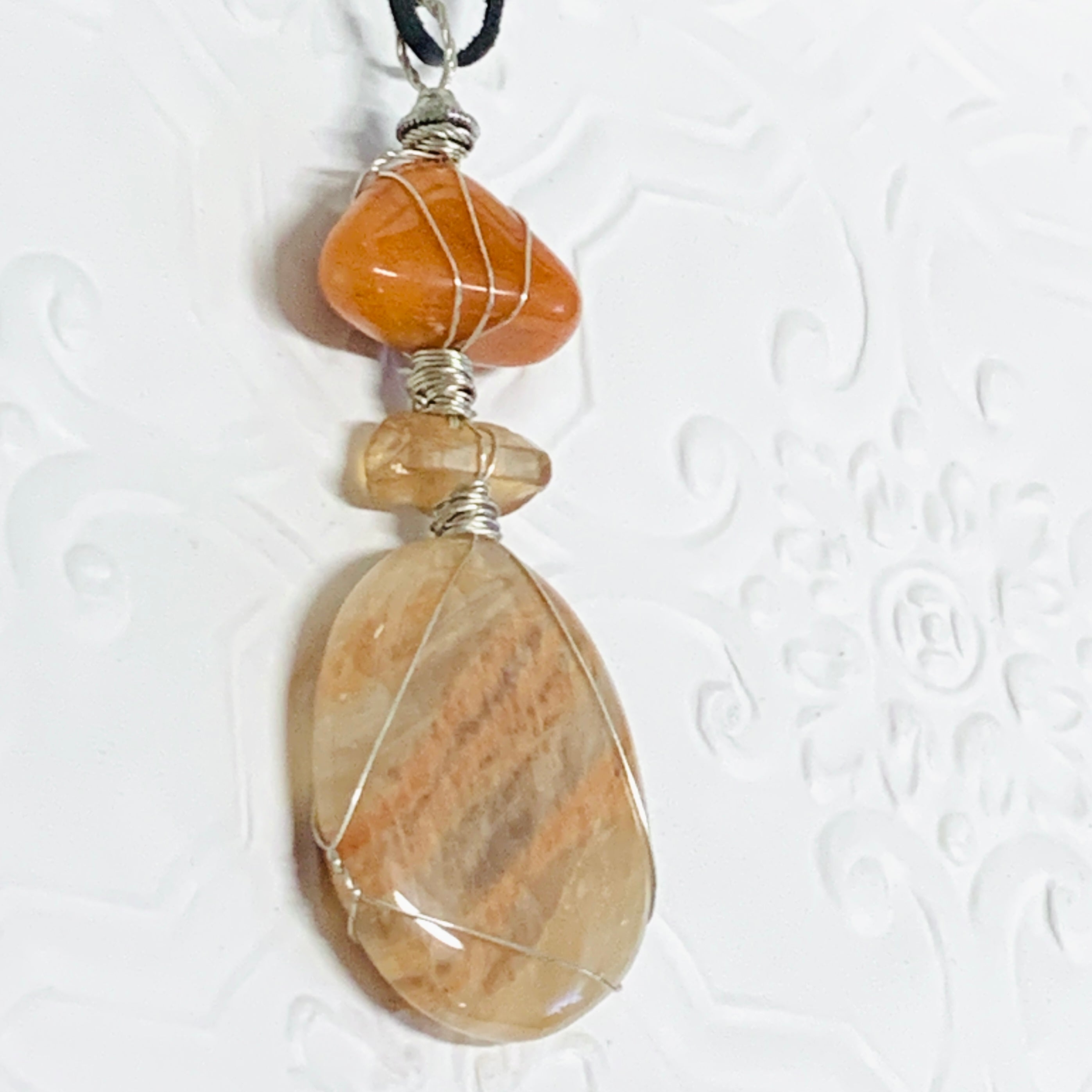 Orange Calcite, Peach Aura Quartz and Moonstone Necklace.