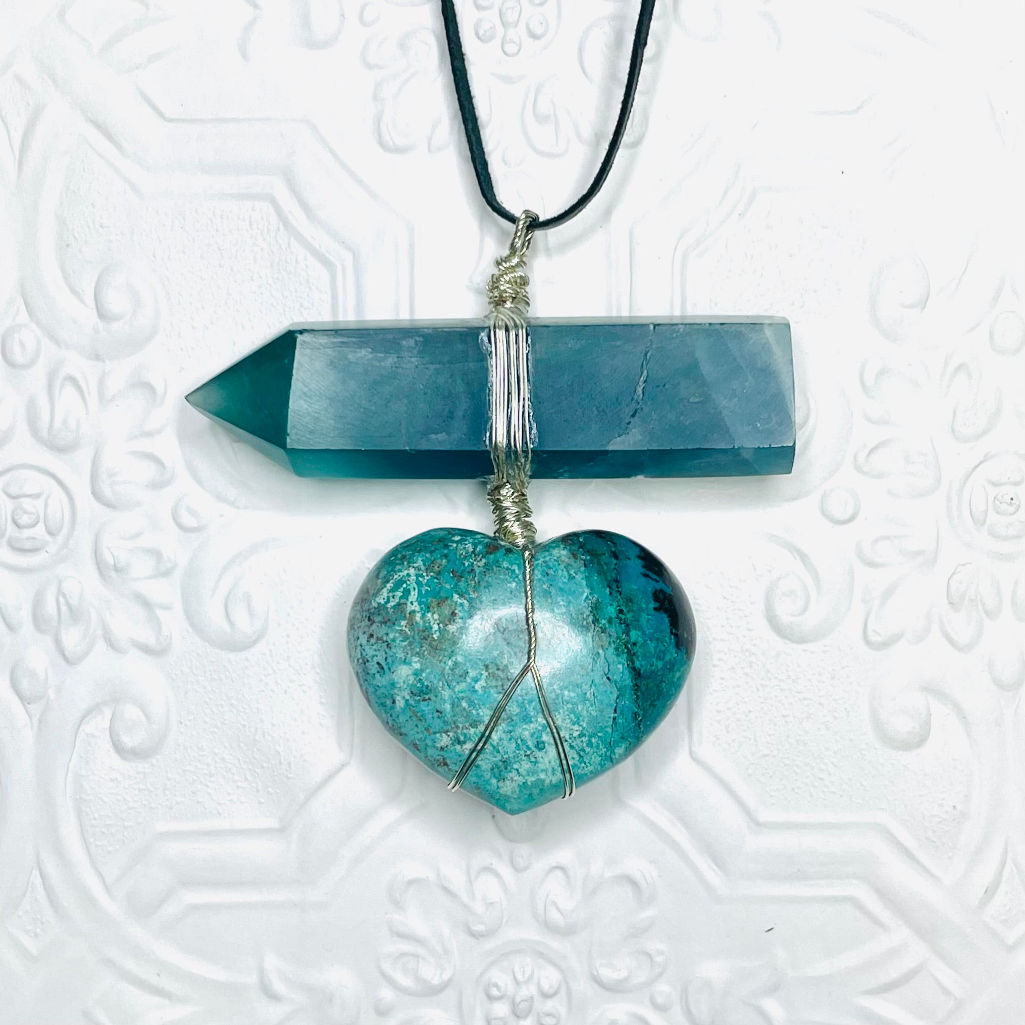 Fluorite Point With Chrysocolla Heart Necklace