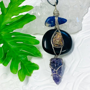 Sodalite, Peacock Ore, Obsidian, Amethyst Necklace