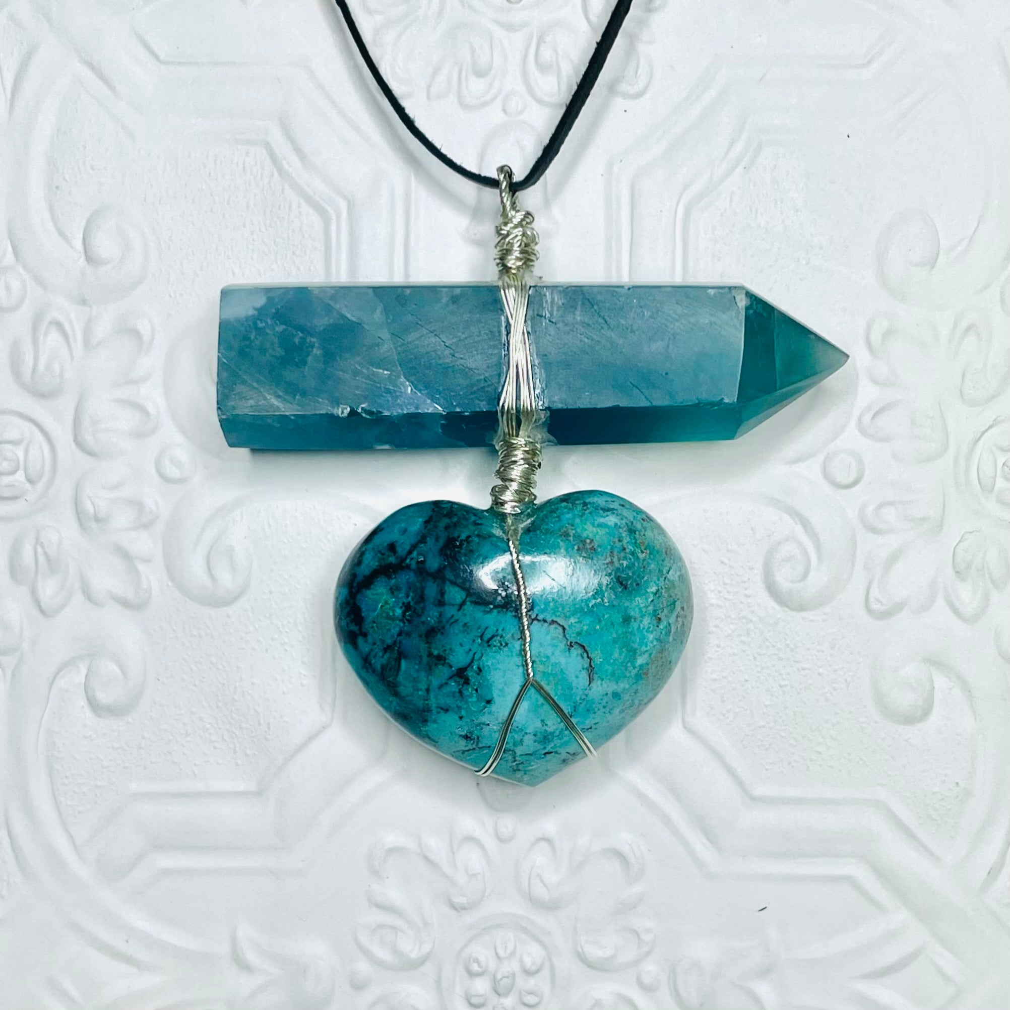 Fluorite Point With Chrysocolla Heart Necklace