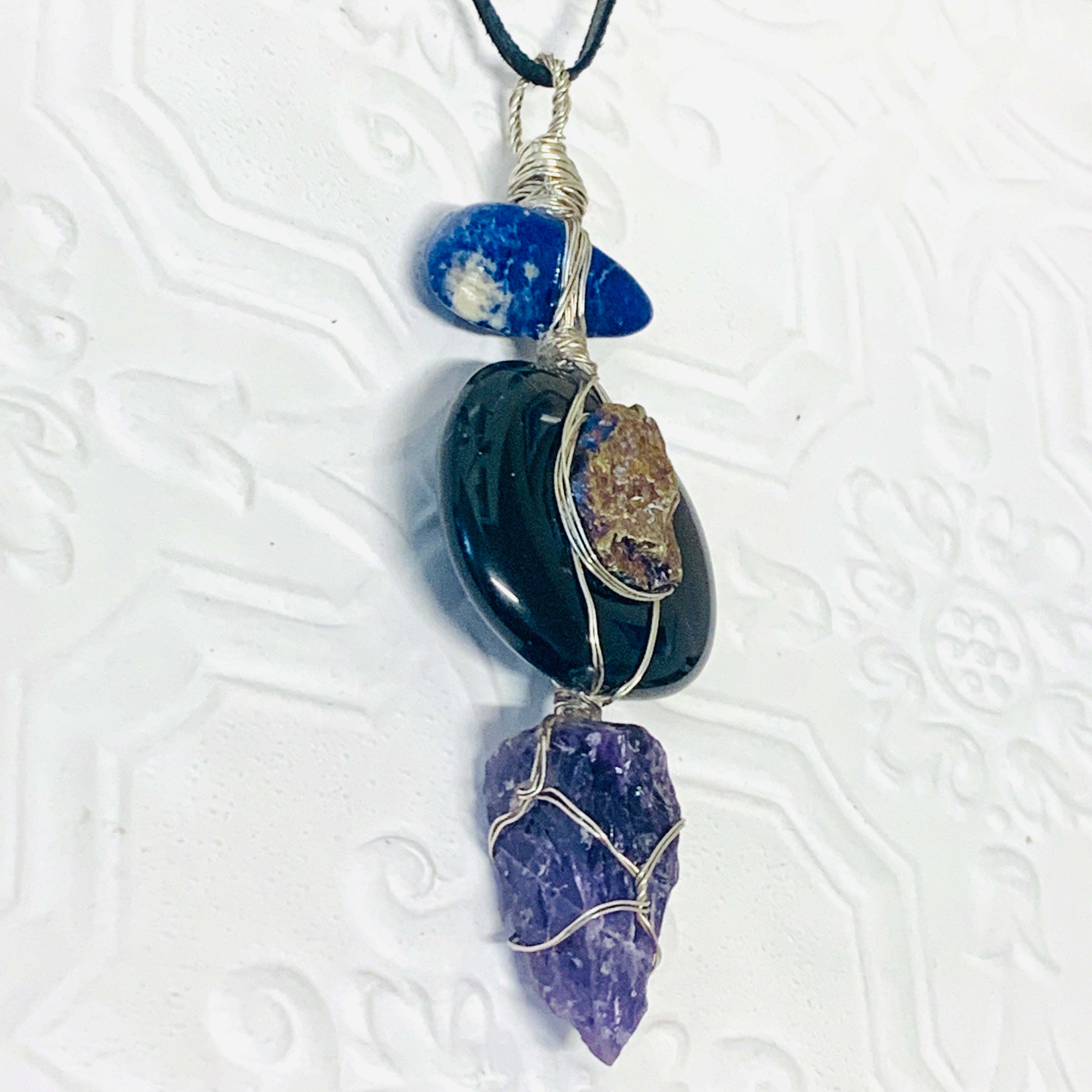 Sodalite, Peacock Ore, Obsidian, Amethyst Necklace