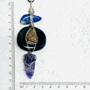 Sodalite, Peacock Ore, Obsidian, Amethyst Necklace