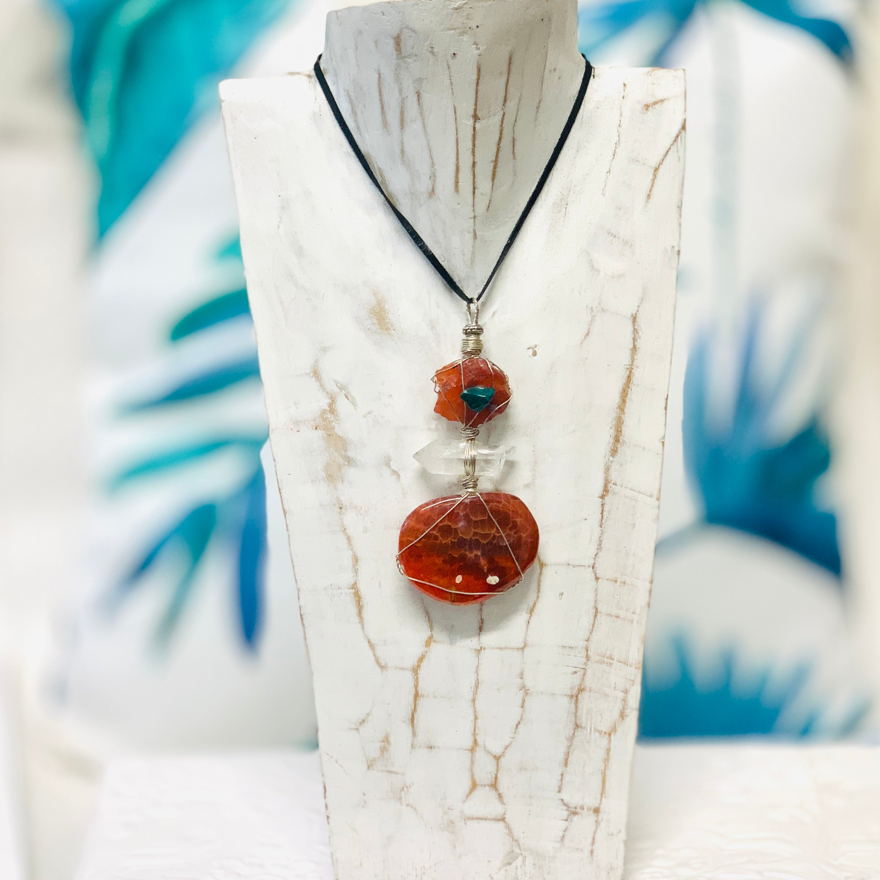 Raw Carnelian, Chrysocolla, Quartz and Fire Agate Necklace