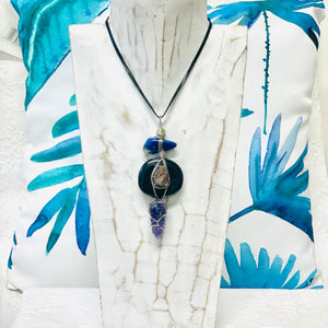 Sodalite, Peacock Ore, Obsidian, Amethyst Necklace