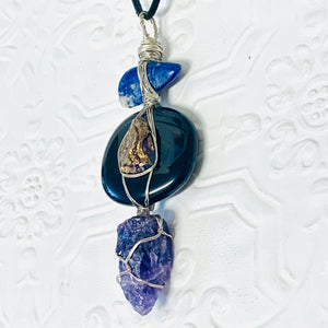 Sodalite, Peacock Ore, Obsidian, Amethyst Necklace